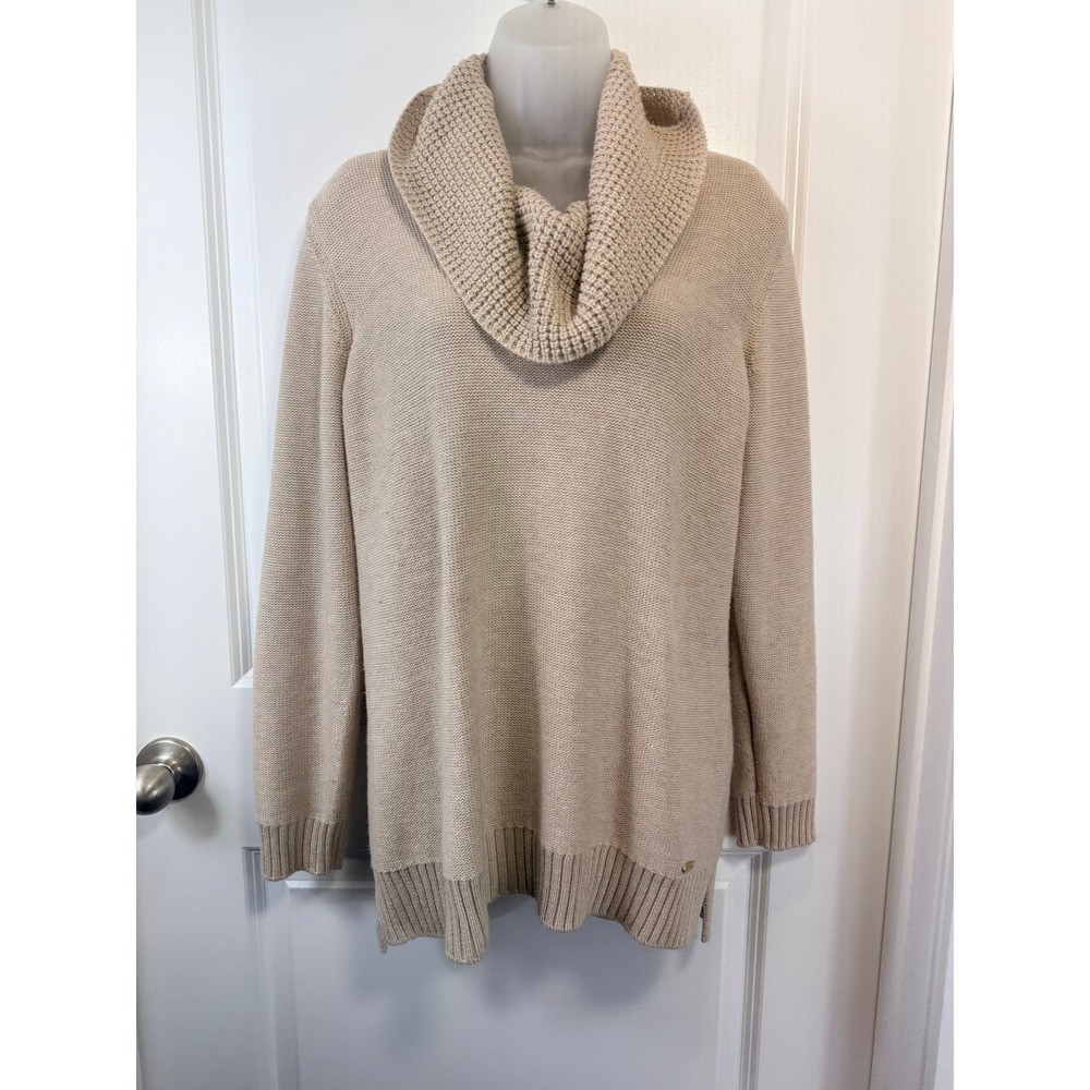 Calvin Klein Womens Cowl Neck Tunic Sweater Oatmeal‎ Beige Knit Large L Cozycore